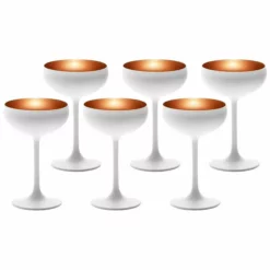 Stolzle 7.75oz Olympia Crystal Champagne Saucer Coupe Glasses - Set Of 6 | White & Bronze