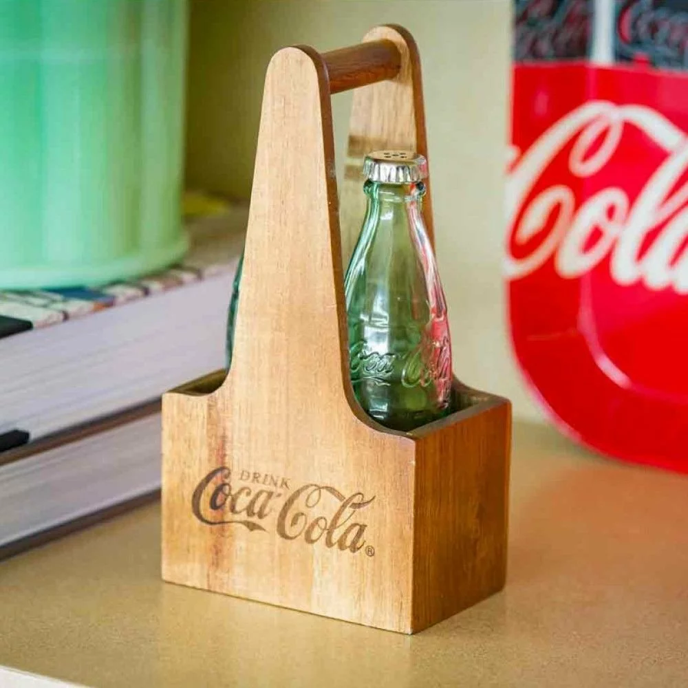 TableCraft 1oz Coca-Cola Salt & Pepper Shakers | Green Tinted Glass With Wooden Crate - Image 2